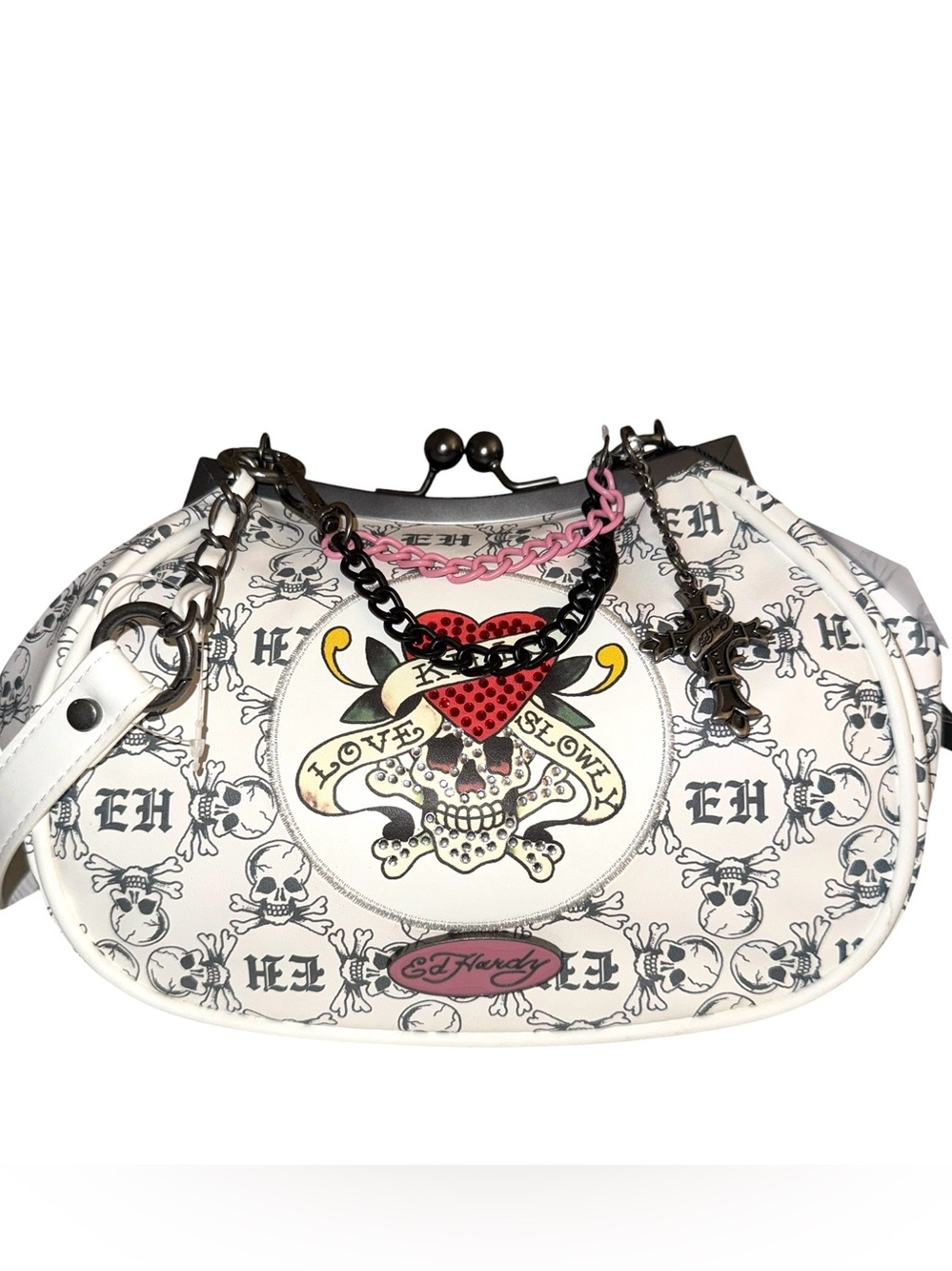 Ed Hardy White Skull & Heart Kiss-Lock Shoulder Bag with chain accents
